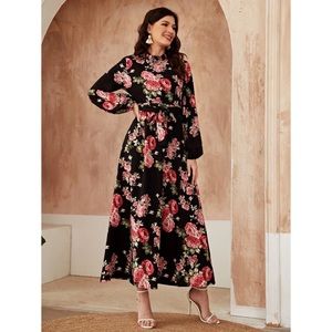 NWOT SHIEN Black Pink Ruffle Neck Floral Print Belted A-line Dress - L